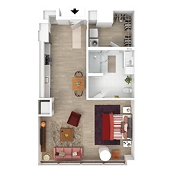 A 3D floor plan of a one-bedroom apartment featuring an open living room with a sofa and chair, a dining table for two, a kitchen along the side, a separate bedroom with a bed, and a bathroom with a shower.