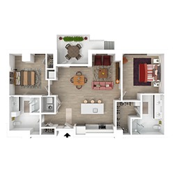 A 3D floor plan of an apartment featuring an open kitchen, dining, and living area. There are two bedrooms, two bathrooms, and a balcony with seating. The layout includes a utility room and a study area.