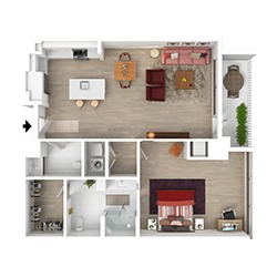 A 3D floor plan of an apartment featuring an open living area with a couch and dining table, a kitchen with an island, a bedroom with a bed and desk, and a bathroom. There’s also a balcony with a small table and plants.