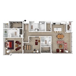 A 3D floor plan of an apartment featuring a master bedroom with an ensuite bathroom, a second bedroom, a kitchen with an island, a dining area, a living room, and a secondary bathroom. The layout includes light wood flooring and modern furnishings.