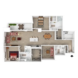 A 3D floor plan of a spacious apartment showing a bedroom, bathroom, living room, kitchen, dining area, and several small rooms. Furniture is included, with seating in the living room and patio, and a dining table adjacent to the kitchen.