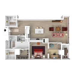 Floor plan of an apartment with a bedroom featuring a red bed, a bathroom, a kitchen with a dining table, and a living room with a sofa and chairs. Wood flooring is shown throughout the open layout.