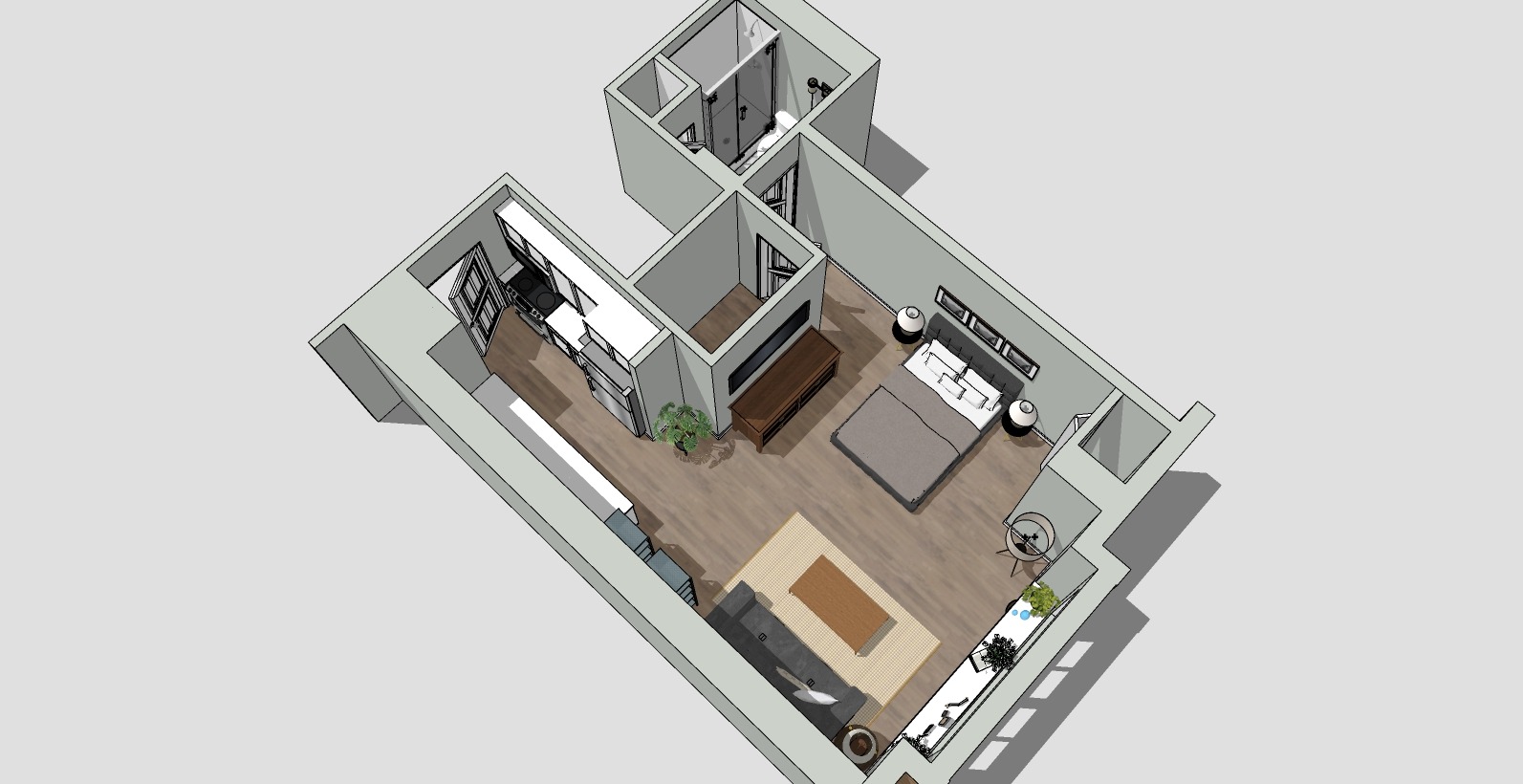 3D rendering of a modern one-bedroom apartment layout with a bedroom, living room, kitchen, and bathroom. The design features wooden flooring, minimalistic furniture, and neutral-colored walls, creating an open and airy space.