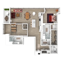 A 3D floor plan featuring an open living and dining area, a kitchen with an island, a bedroom, and two bathrooms. It includes a balcony with outdoor seating and a washer/dryer area. The design emphasizes spacious and functional living spaces.