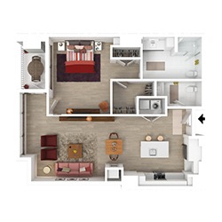 A top-down view of an apartment floor plan featuring a bedroom, bathroom, open-plan living and dining area, kitchen, and a small balcony. The layout includes modern furnishings and wood flooring throughout the space.