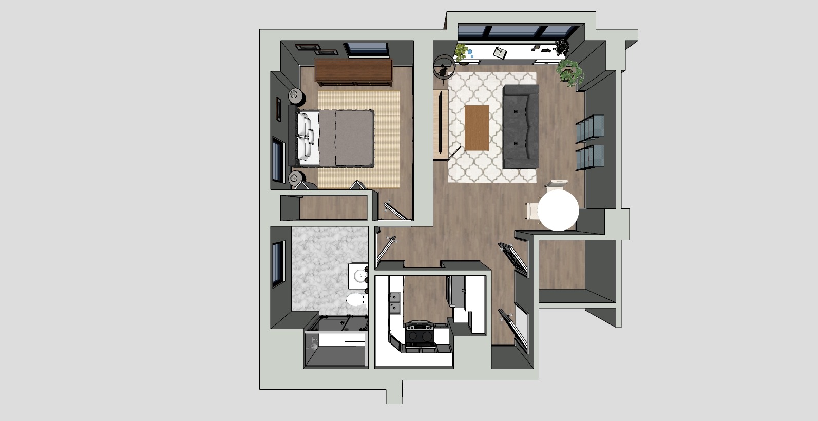 A 3D floor plan showing a small apartment with a bedroom, living room, kitchen, and bathroom. The bedroom has a bed and dresser, the living room has a sofa and TV, and the kitchen includes appliances. Theres a dining table near the entrance.