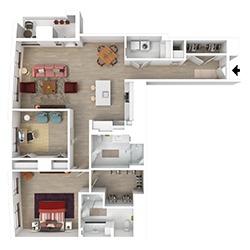 A 3D floor plan of a modern apartment, featuring a spacious living room, an adjacent open kitchen with a dining area, a bedroom with a large bed, a home office, two bathrooms, and a utility area.