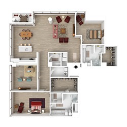 A 3D floor plan of an apartment featuring a large living room, a dining area, a kitchen, two bedrooms, two bathrooms, and a study. The layout includes furniture arrangements and various decor elements.