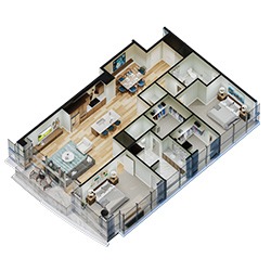 Isometric floor plan of an apartment with three bedrooms, a kitchen, dining area, living room, and two bathrooms. The layout features wood flooring and a wraparound balcony.