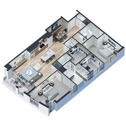 3D floor plan of a modern apartment featuring two bedrooms, a living room, a dining area, a kitchen, and two bathrooms. The layout shows a spacious open area combining the kitchen, dining, and living spaces.