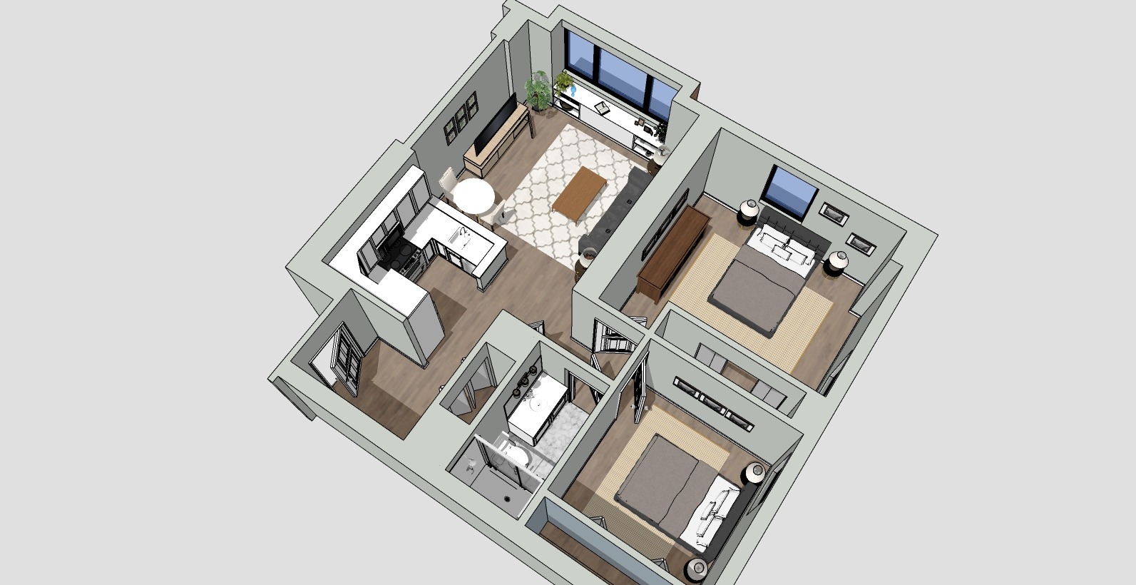 3D rendering of an apartment layout featuring two bedrooms, a living area with a sofa and TV, a kitchen with appliances, and a bathroom. The space is designed in neutral colors with wooden flooring and large windows.