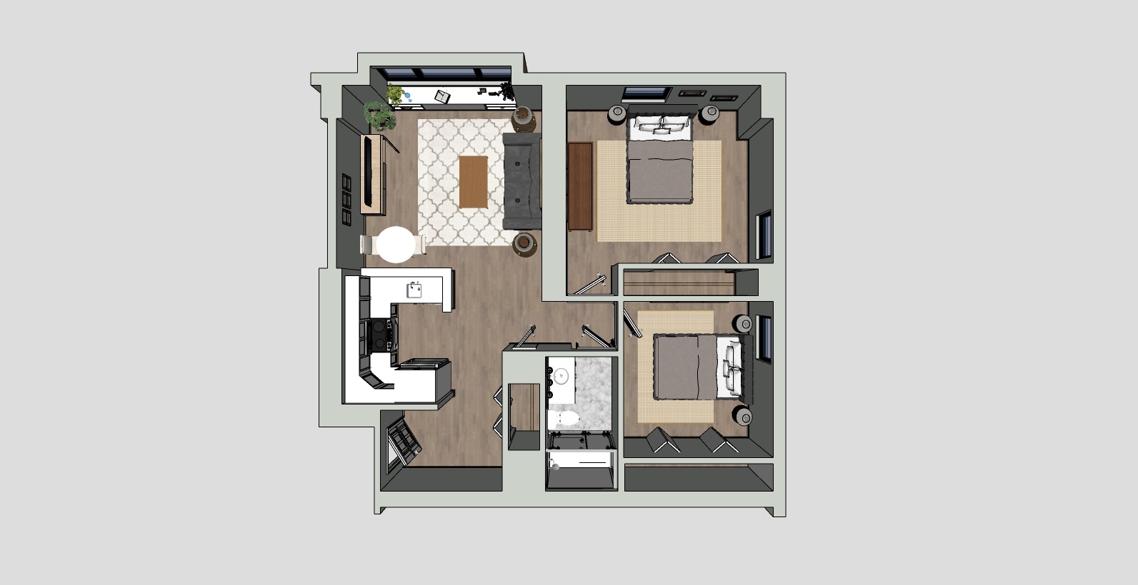 A 3D floor plan of an apartment featuring two bedrooms, a living area, a kitchen, and a bathroom. The living room includes a sofa and a TV, the kitchen has a small dining table, and each bedroom contains a bed and wardrobe.