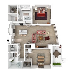 A 3D floor plan of an apartment featuring a bedroom, bathroom, kitchen, dining area, and living room. The living room has a curved wall and furniture, while the dining area includes a table. The bedroom displays a bed and the kitchen is open-concept.