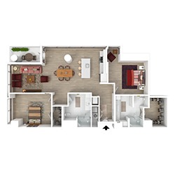 A 3D floor plan of an apartment featuring two bedrooms, two bathrooms, a kitchen with an island, a dining area, and a living room. The layout also includes a small balcony and closets in each bedroom.