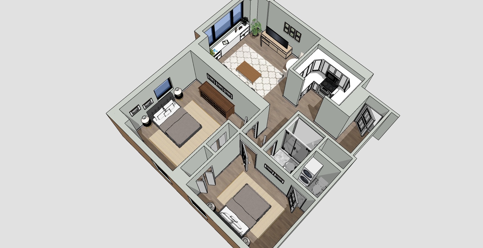 3D floor plan showing a two-bedroom apartment. It features a living room, kitchen, bathroom, and two bedrooms. The layout includes a tiled hallway, wooden floors, and various furniture pieces like beds, sofas, and a dining table.