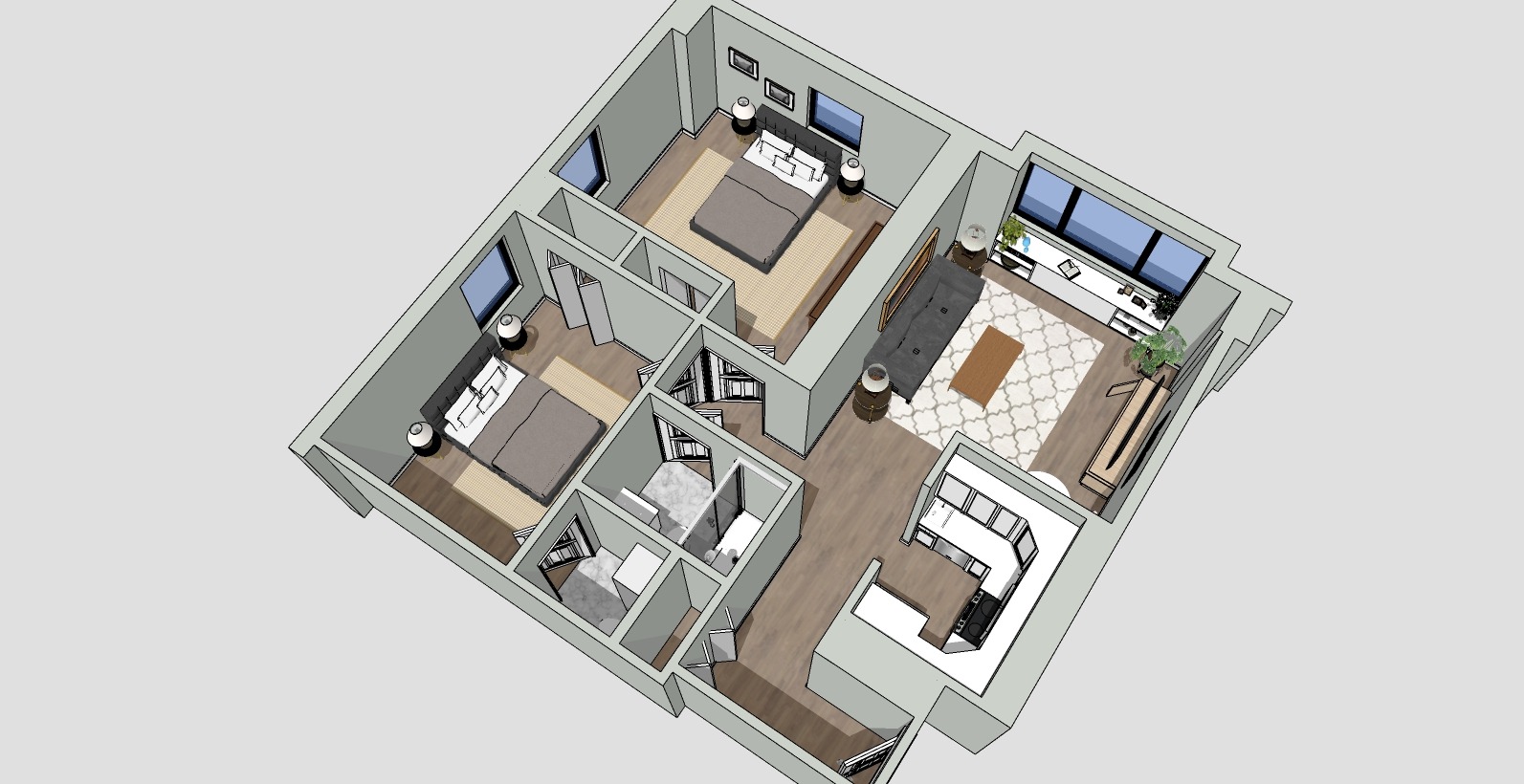 3D floor plan of an apartment with two bedrooms, living area, kitchen, two bathrooms, and hallway. Each bedroom has a bed and nightstands. The living area includes a couch and rug, and the kitchen has cabinets and appliances.