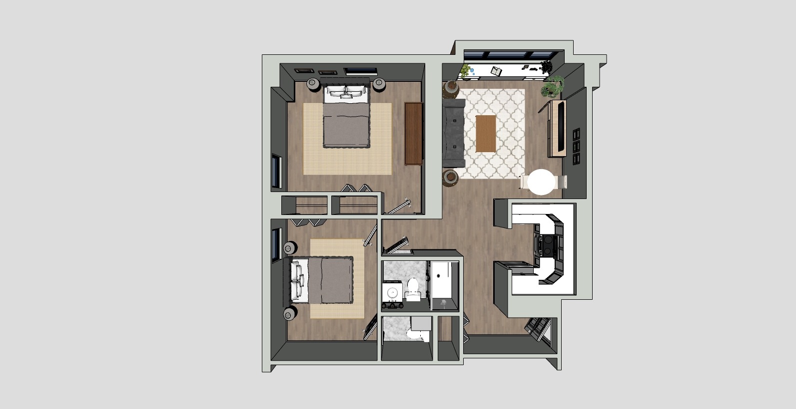 A 3D floor plan with two bedrooms, a living room, kitchen, and two bathrooms. The bedrooms have beds and nightstands. The living room includes a sofa and table. The kitchen is U-shaped. The color scheme is green and brown.