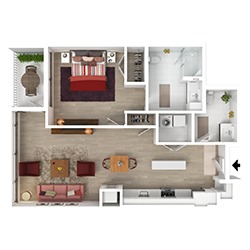 A 3D floor plan of a one-bedroom apartment featuring a living room with two red chairs and a sofa, a dining area, a kitchen, one bathroom, and a bedroom with a double bed. A small balcony with a chair is attached to the bedroom.