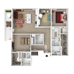 A 3D floor plan featuring a living room, dining area, and kitchen on one side. Two bedrooms are on the opposite side. There are two bathrooms, a laundry room, and a small outdoor balcony with furniture. Hardwood floors are present throughout.