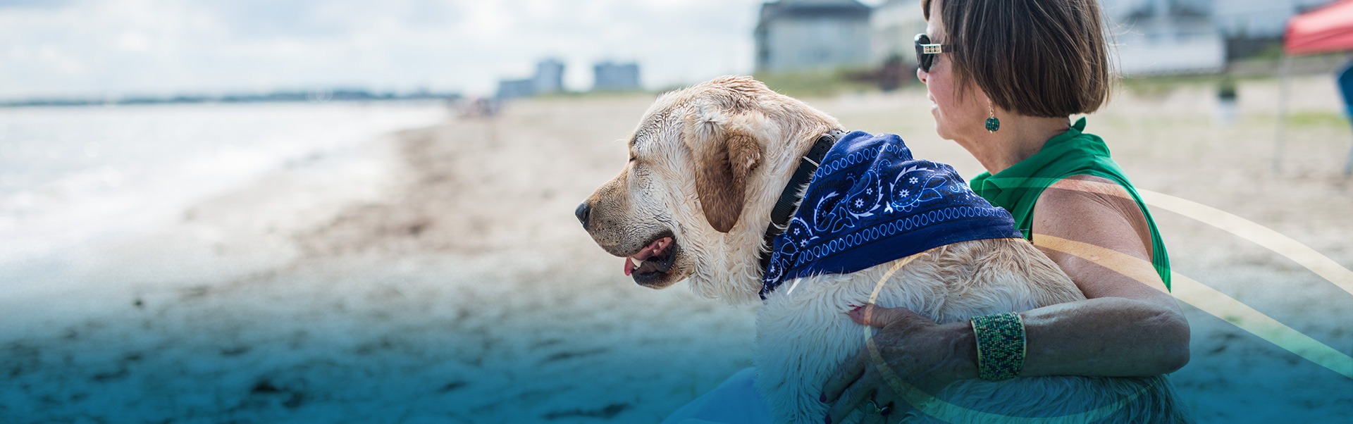 Retired Woman Sitting on the Beach with Dog