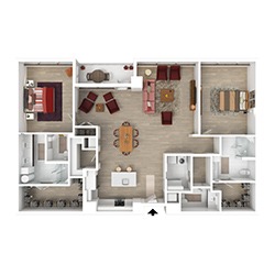 A 3D floor plan of an apartment with two bedrooms, a dining area, a spacious living room, a kitchen, and two bathrooms. The design includes wooden flooring and modern furniture. An arrow indicates the main entrance.
