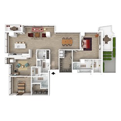 Floor plan of a modern apartment featuring an open living and dining area, a kitchen, two bedrooms, two bathrooms, a laundry space, and a balcony with a seating area. The layout shows furniture placement and room dimensions.
