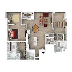 Floor plan of a spacious apartment featuring a living room, dining area, kitchen with an island, three bedrooms, two bathrooms, and a laundry room. The layout includes modern furnishings and neutral tones.