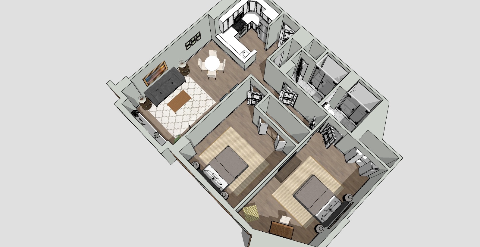 A 3D floor plan of an apartment with two bedrooms, a living room with a sofa and TV, a dining area with a round table, and a kitchen. The design includes wood flooring and greenish walls.