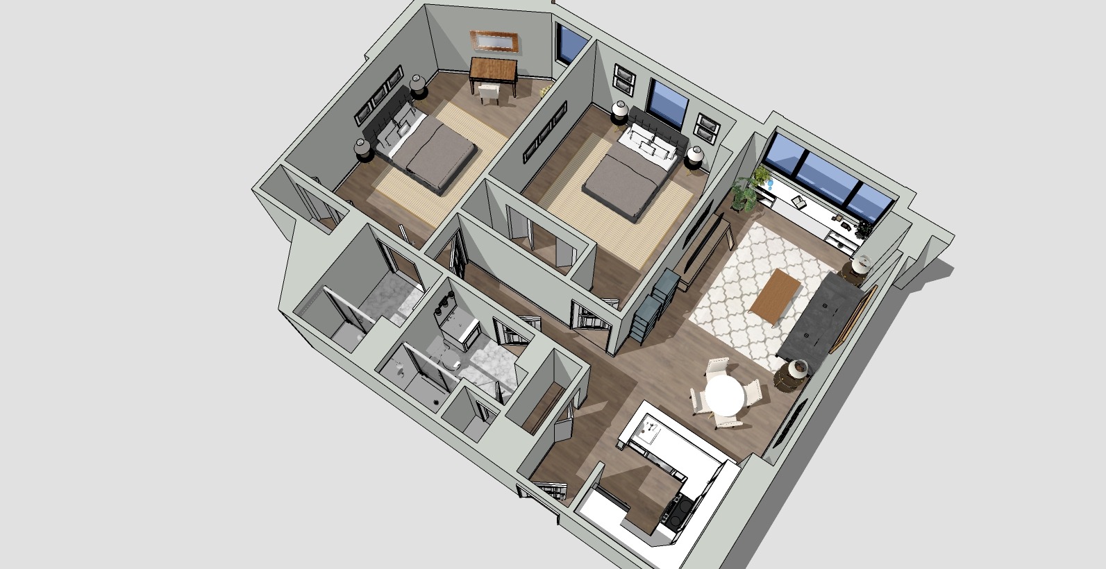 3D floor plan of an apartment with three rooms: two bedrooms with beds and nightstands, a living area with a couch and table, and a kitchen with a counter. There are large windows and wooden flooring throughout.