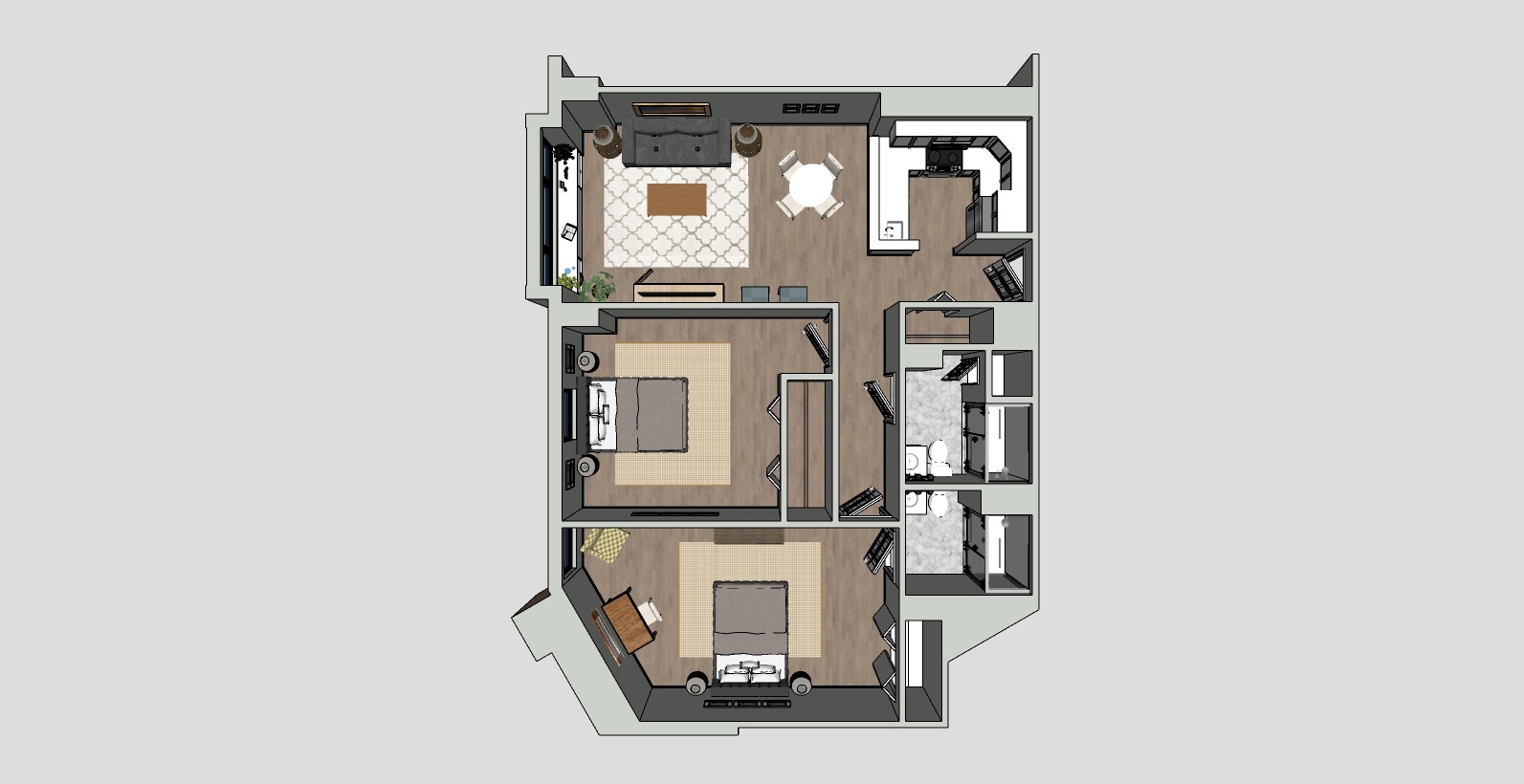 A 3D floor plan of an apartment featuring two bedrooms, a shared bathroom, a kitchen, a living room with a TV, and dining area. The layout shows furniture placement, including beds, sofas, and a dining table. The design has wood and tiled flooring.