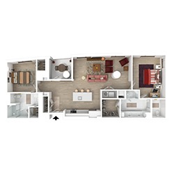 A 3D floor plan of an apartment with a bedroom, bathroom, kitchen, and living area. The layout includes a small dining area, modern furnishings, and large windows. Neutral colors and wood flooring are featured throughout.