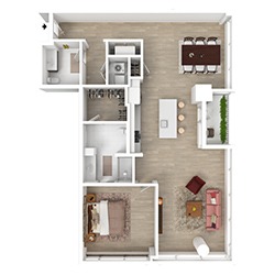 A birds-eye view of a modern apartment floor plan, featuring a large bedroom, a spacious living room with red couches, an open kitchen with an island and stools, a dining area with a table, two bathrooms, and some greenery on a balcony or patio.