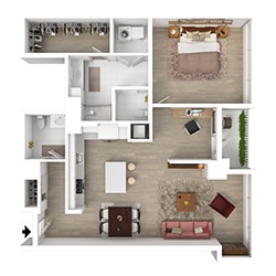 A floor plan of a one-bedroom apartment featuring an open living and dining area, kitchen, bathroom, and bedroom. The layout includes a kitchen island, a dining table, a sofa with a coffee table, and a bed with side tables.