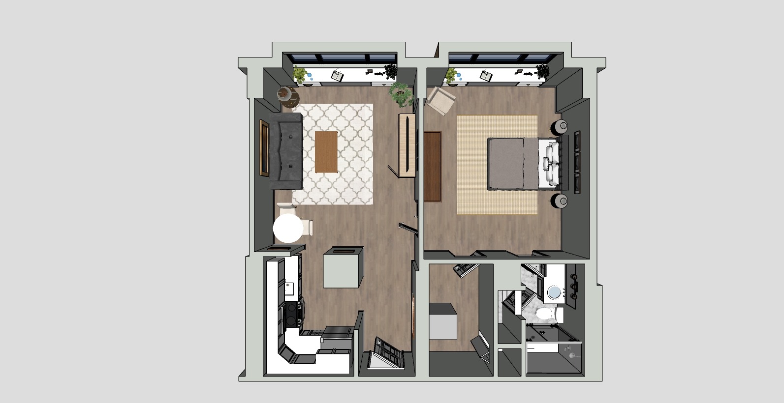 A 3D floor plan of an apartment showing two rooms: a living room on the left with a sofa, TV, and table, and a bedroom on the right with a bed and nightstands. Adjacent to the rooms are a kitchen and a bathroom.