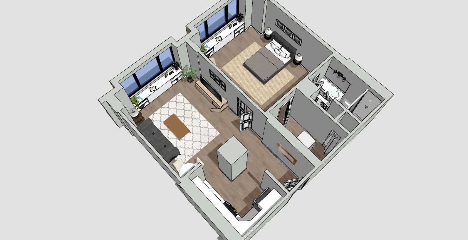 A 3D floor plan of a one-bedroom apartment showing a bedroom, living area, kitchen, and bathroom. The bedroom has a bed and nightstands, the living area has a sofa and table, and the kitchen features counters. There are large windows on one side.