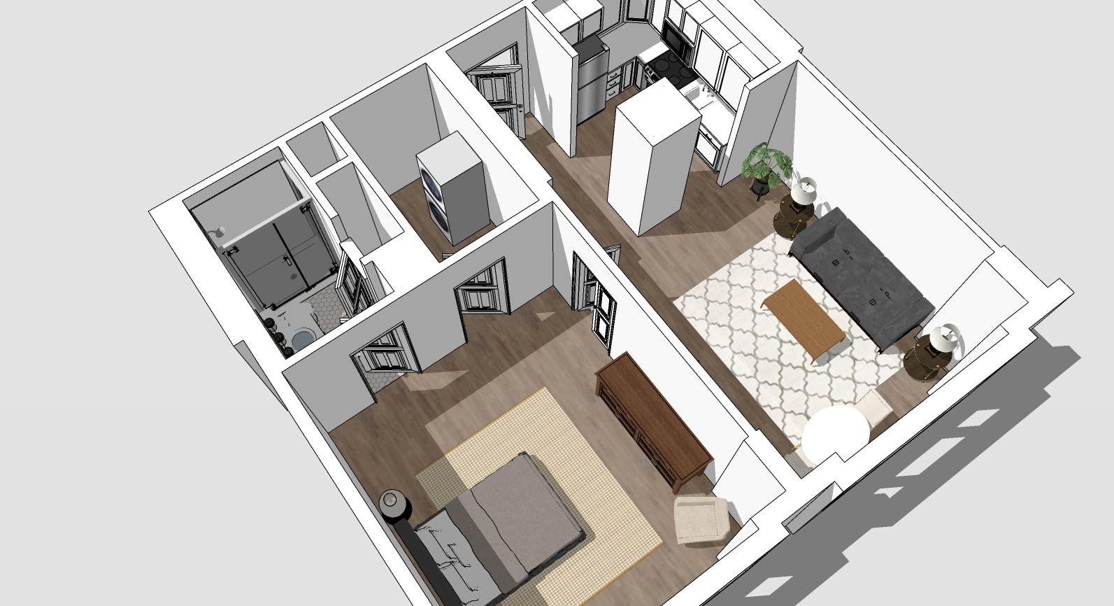 Floor plan of a small apartment featuring a bedroom with a bed and dresser, a living room with a sofa, rug, and coffee table, a kitchen with appliances, and a bathroom with a shower. Wooden flooring throughout, with some indoor plants.