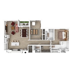 A 3D floor plan of an apartment showing a layout with a living room, kitchen with an island, dining area, two bedrooms, two bathrooms, and a laundry room. The living room features a couch and a television.