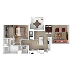 Floor plan of a one-bedroom apartment featuring a bedroom, bathroom, living room with a couch and chairs, kitchen with an island, and a dining area with a table and chairs.