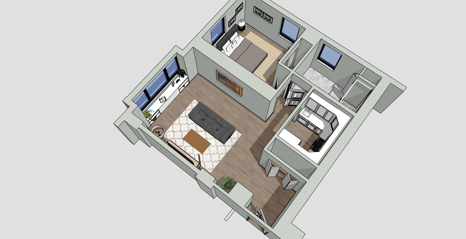 3D rendered floor plan of a small apartment featuring a living room with a couch and TV, a bedroom with a bed and nightstand, a bathroom with shower, sink, and toilet, and a kitchen area with cabinets and appliances.
