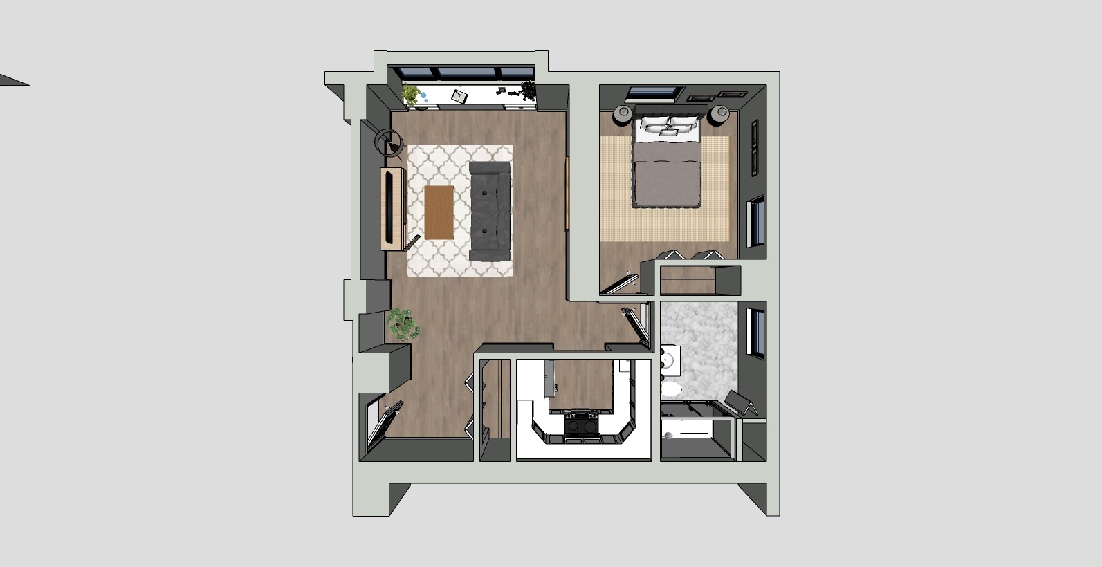 A 3D floor plan of an apartment featuring an open living and dining area, a kitchen with a U-shaped counter, a bedroom with a bed, a bathroom, and additional closet space. The living area has a rug and a plant for decor.