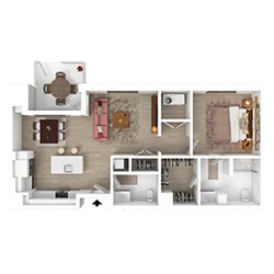 Floor plan of an apartment featuring a bedroom, bathroom, kitchen, dining area, and living room. The layout includes a small balcony with a table and chairs. The space has wood flooring and modern furnishings.