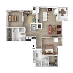 An L-shaped apartment floor plan featuring two bedrooms, two bathrooms, a living room, kitchen, and small dining area. The layout includes various furniture placements and wood-style flooring throughout.
