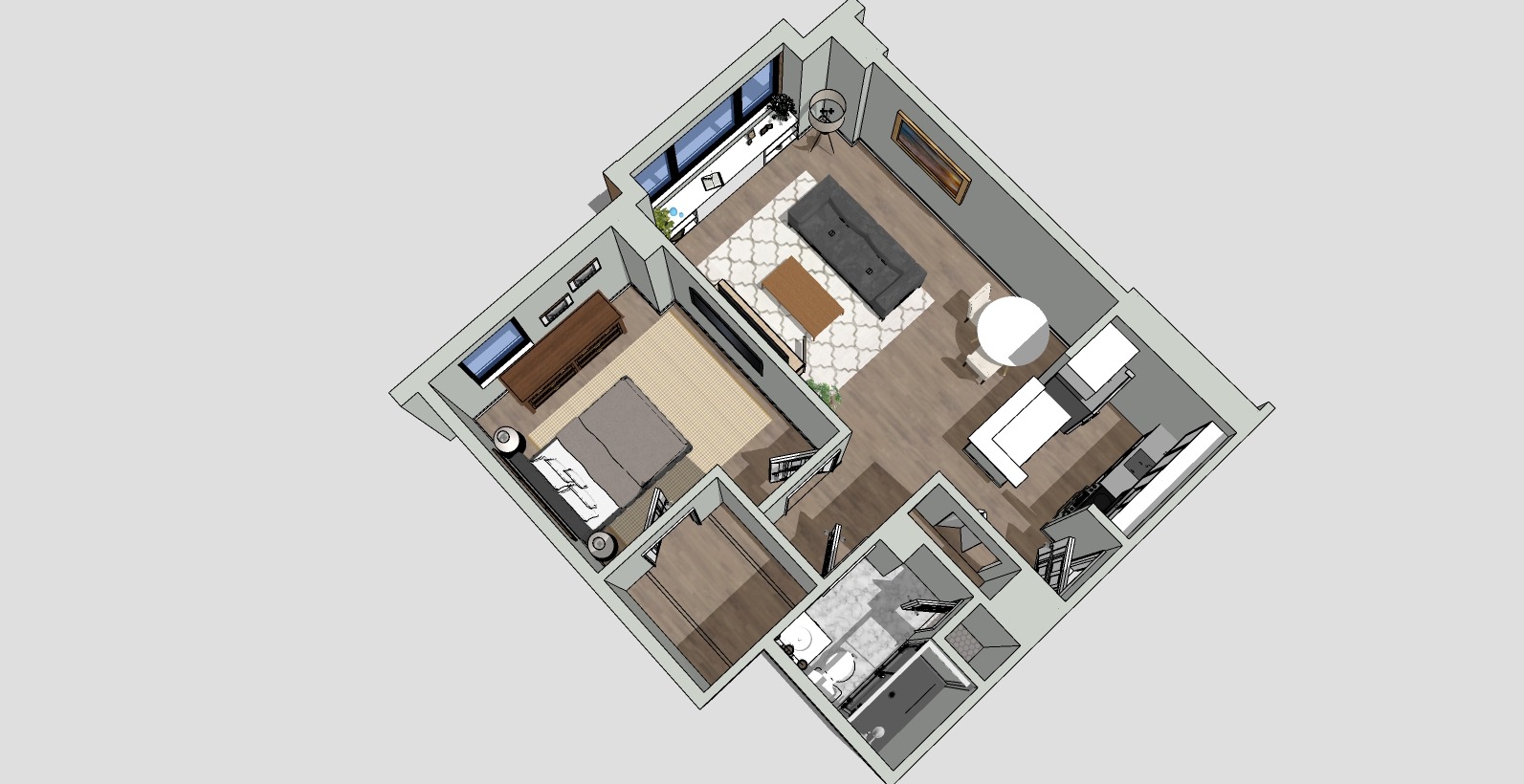 A 3D floor plan of a small apartment with one bedroom, a bathroom, a kitchen, and a living area. The bedroom has a bed and wardrobe, the living room includes a sofa and TV, and the kitchen features a dining table with chairs.