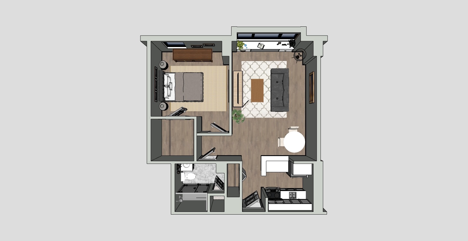 A 3D floor plan of a one-bedroom apartment featuring a bedroom, living room with a sofa and rug, kitchen, bathroom, and a dining area with a round table. The design includes wood flooring and modern furnishings.