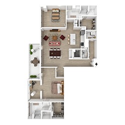 A 3D floor plan of an apartment featuring a bedroom, bathroom, kitchen, dining area, and living room. There are also two small balconies, one with outdoor seating and the other with greenery. The layout is open with modern furnishings.