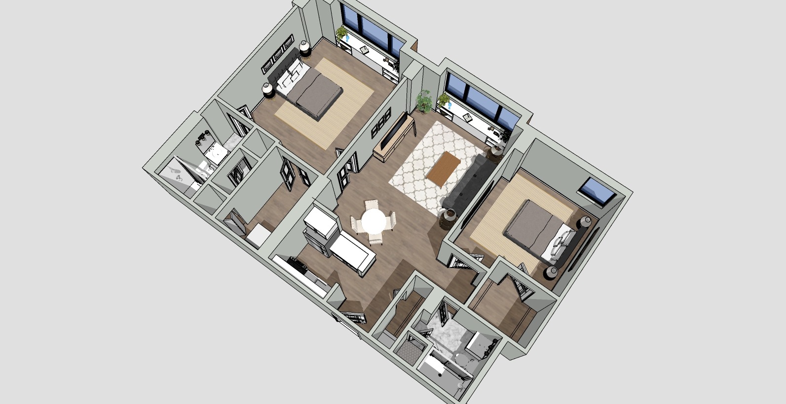 3D floor plan of an apartment with two bedrooms, a living area, kitchen, and two bathrooms. The living room features a sofa and round table, and there are green plants in the corners. Light wood flooring throughout.