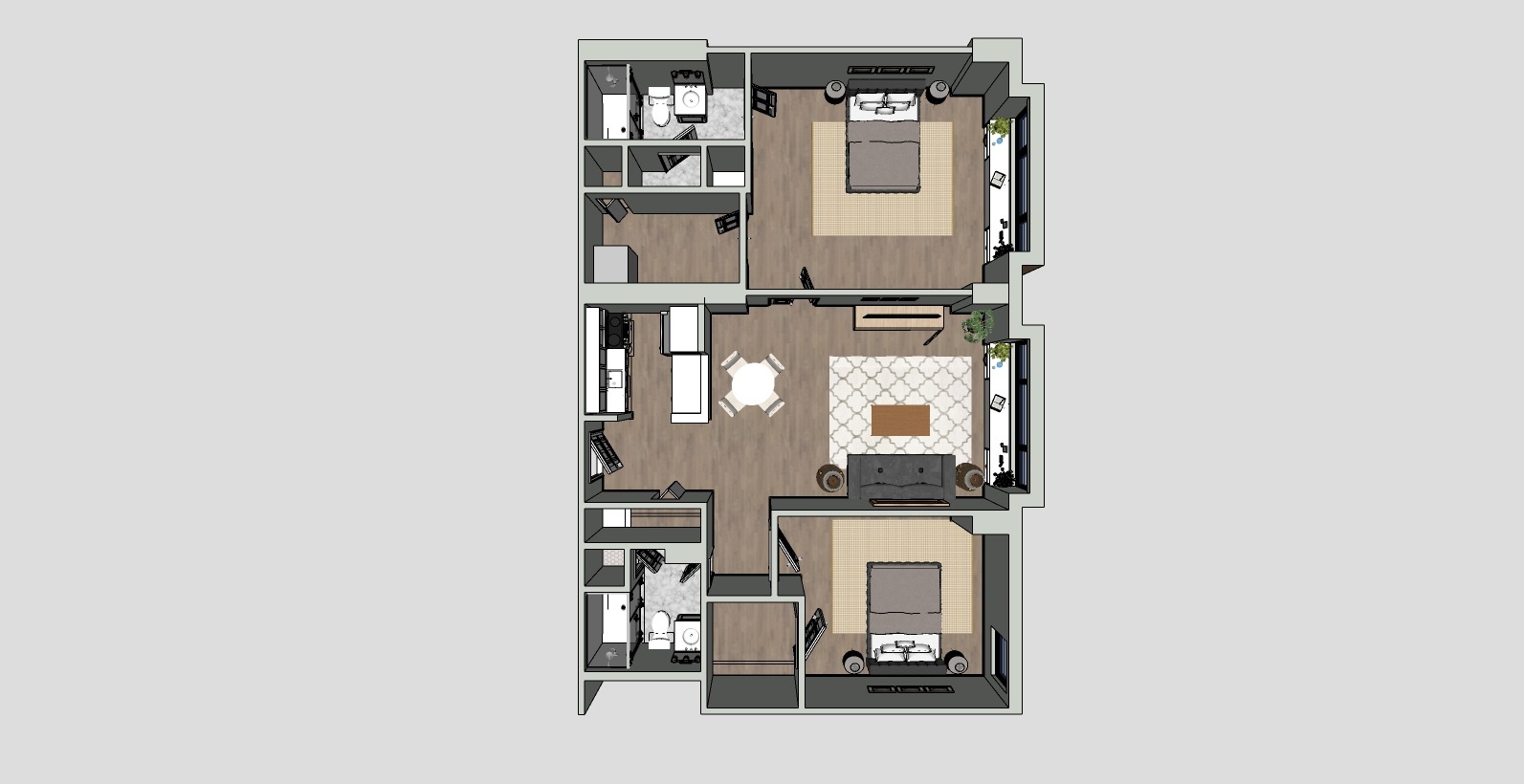A 3D floor plan showing a home layout with three bedrooms, a living area, a kitchen, and two bathrooms. The living room features seating and a coffee table. The bedrooms contain beds and storage. The interior has a wood and tile aesthetic.