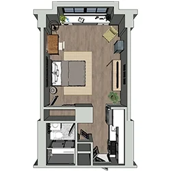 Floor plan of a small apartment featuring a bedroom with a bed, a kitchen, a bathroom, and a living area with furniture. There are windows on one side and plants placed around the room. The flooring is wood.