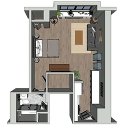 A 3D floor plan of a one-bedroom apartment. The layout includes a bedroom with a bed, a living area with a sofa and TV, and a bathroom. The room has wooden flooring and large windows on one wall.