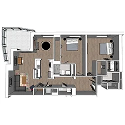 Floor plan of an apartment with two bedrooms, a living room, kitchen, two bathrooms, and a balcony. The layout features open spaces and modern design elements, with distinct areas for dining and relaxation.
